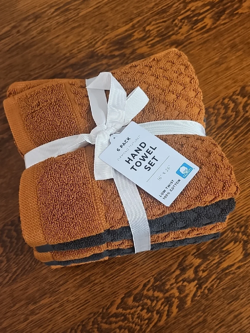 Hand Towel Set - Rust Brown (Copper) and Charcoal (Midnight) -3 Of Each, 6 Pack.